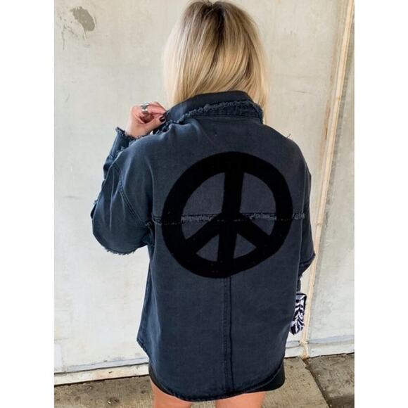 Vintage Havana Studded Peace Sign Twill Black Oversized Shacket, S - Picture 2 of 11